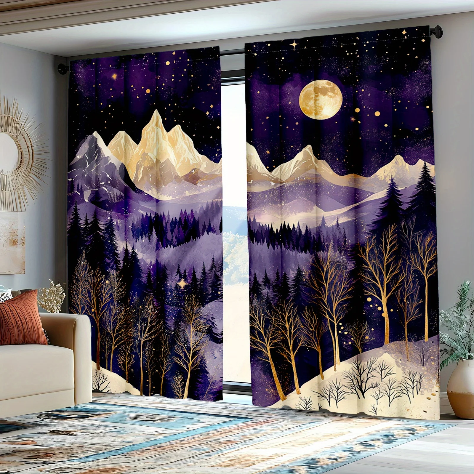 

2 шт. современные абстрактные горные шторы, луна и звезды, ночное небо для спальни и гостиной, декоративные шторы