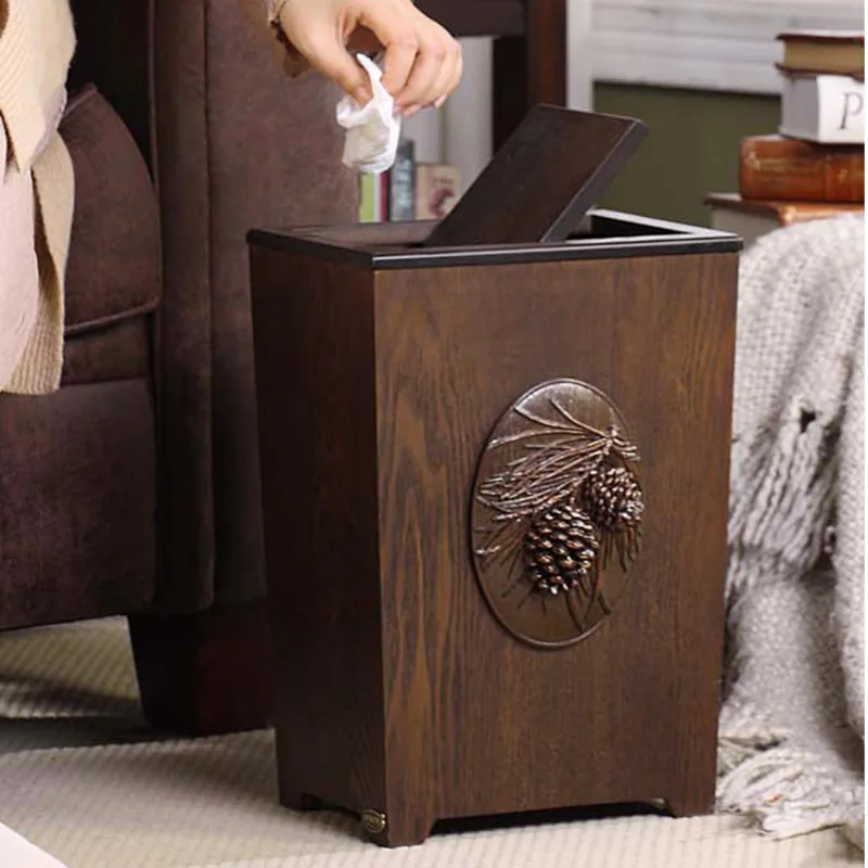 European Pinecone Creative Retro Garbage Bin Wood Resin With Cover Waste Disposer for Bedroom Living Room Stylish Trash Can