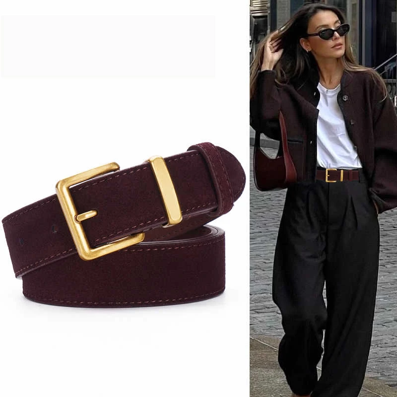 Women Luxury Suede Cowhide Belt  3.3cm Wide Waistband for Dresses & Jeans Vintage Style with Gold Buckle