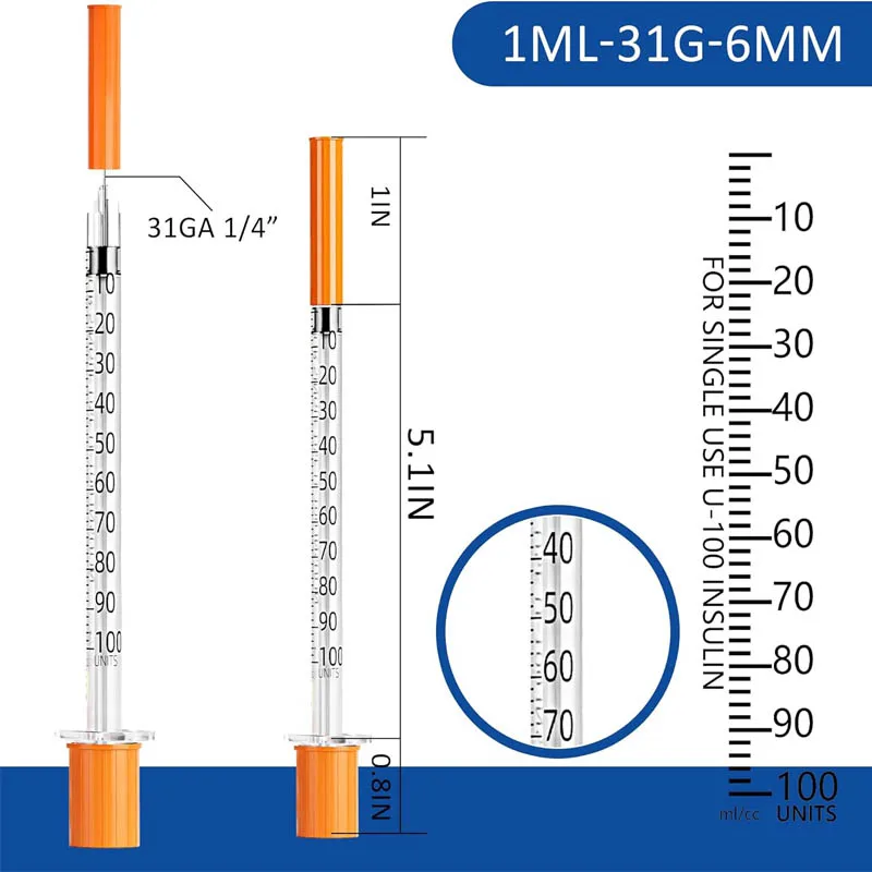 U-100 1ml Insulin Syringe 31 Gauge 1/4 Inch(6mm), 1cc Lab Supplies, Individually Sealed Pack of 100