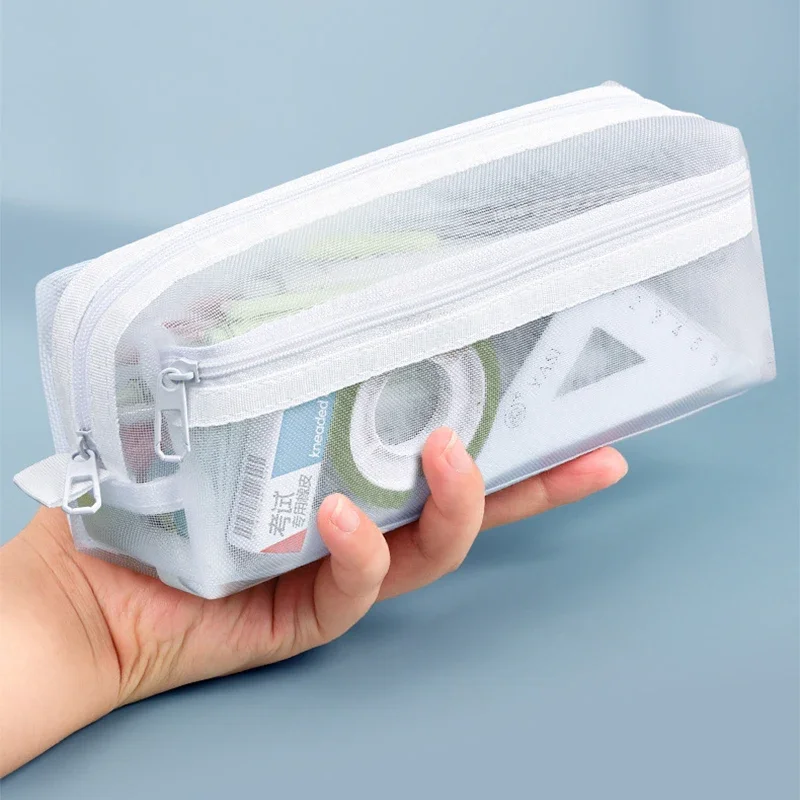 Imagem -02 - Estojo Transparente Portátil para Lápis Malha à Prova Dágua Grande Capacidade Bolsa para Caneta Zíper Simples Estética Papelaria Material Escolar