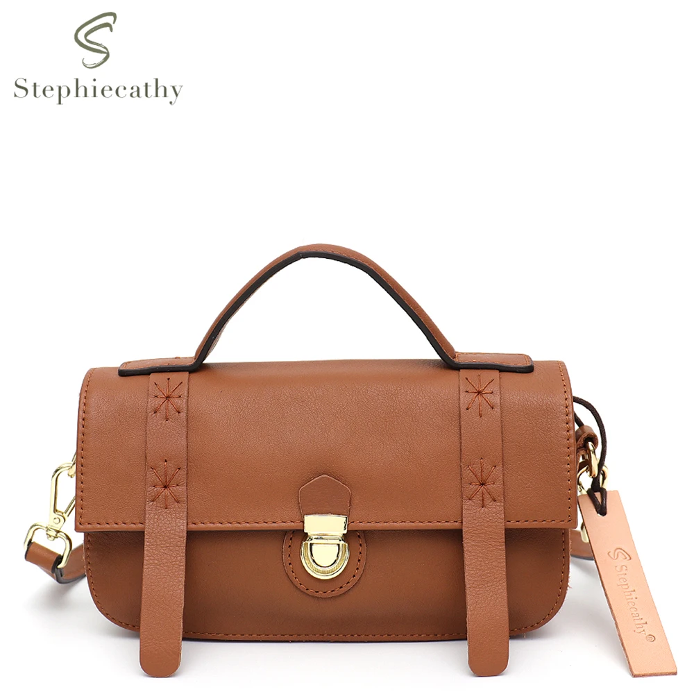 SC Retro Genuine Leather Satchel Bags Women England Style Vintage Small Top-handle Purses Casual Flap Crossbody Shoulder Handbag