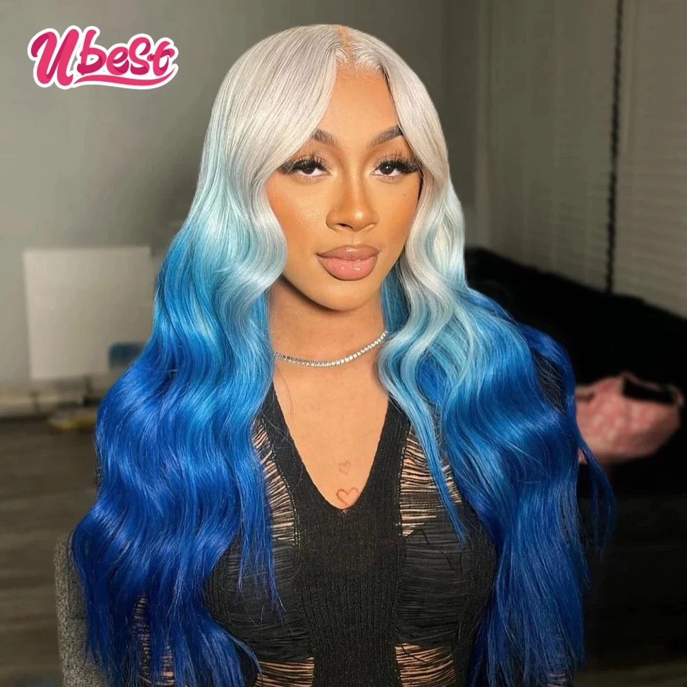 

Ombre Blue 613 Colored 13X6 Body Wave Transparent Lace Front Wigs 100％ Human Hair 180％ Density Brazilian Remy Hair T Lace Wigs