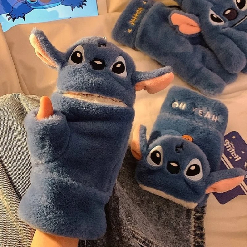 Disney Stitch Loves Animation Cartoons Cute Innovative Gloves Plush Windproof Student Writing Protection Cold Warm Cute New Gift