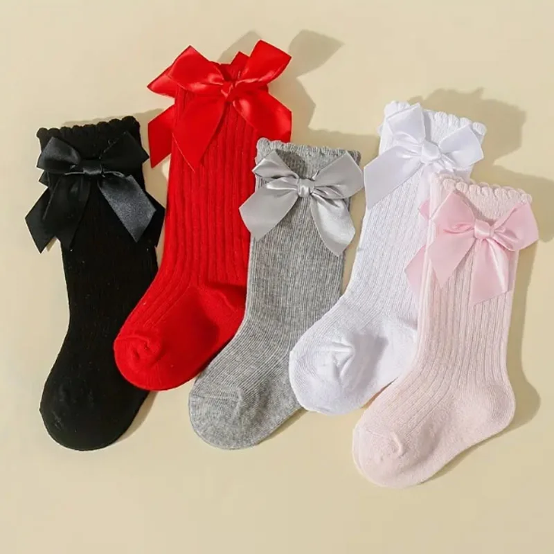 5 pairs of baby socks, knee length bow socks, girl baby socks, spring/summer long socks for girls, warm socks