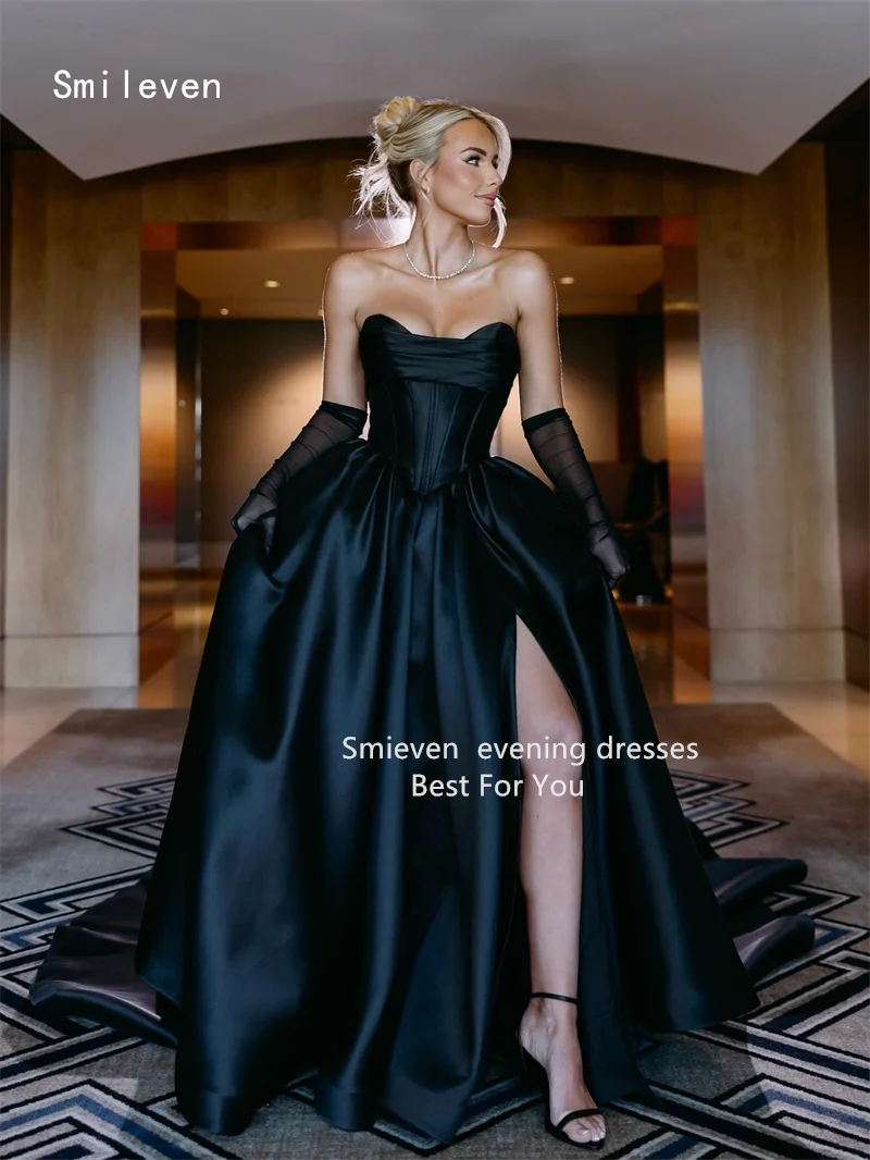 فستان Smileven كلاسيكي أسود على شكل حرف A للحفلات الراقصة أنيق على شكل قلب رداء حفلات رسمي بفتحة جانبية مناسبة مخصصة 2026
