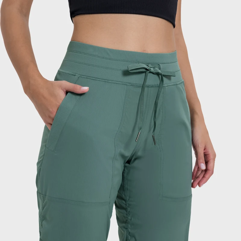 Women Sport Pants with Pockets Adjustable waist Pull String Leg Opening Straight Quick Dry Casual Commuting Running Fitness Pant