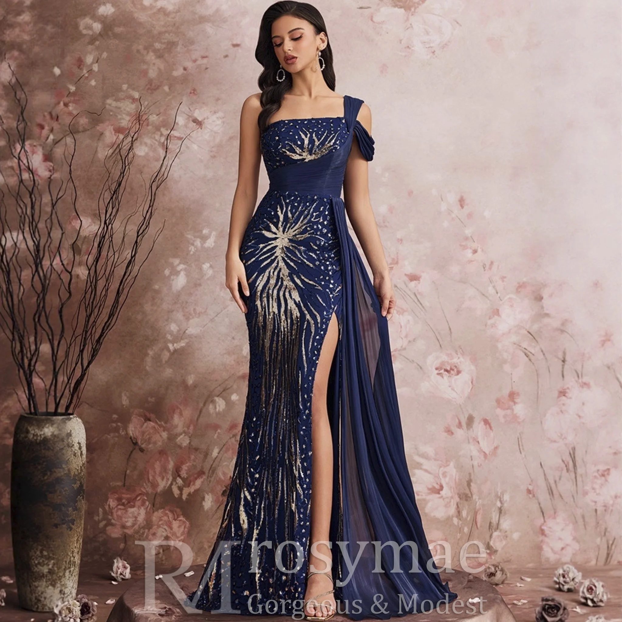 Rosymae One-Shoulder Pailletten Feestjurk Glinsterende Pauwpatroon Lint Accent Verhoogde Avond Cocktail Gala