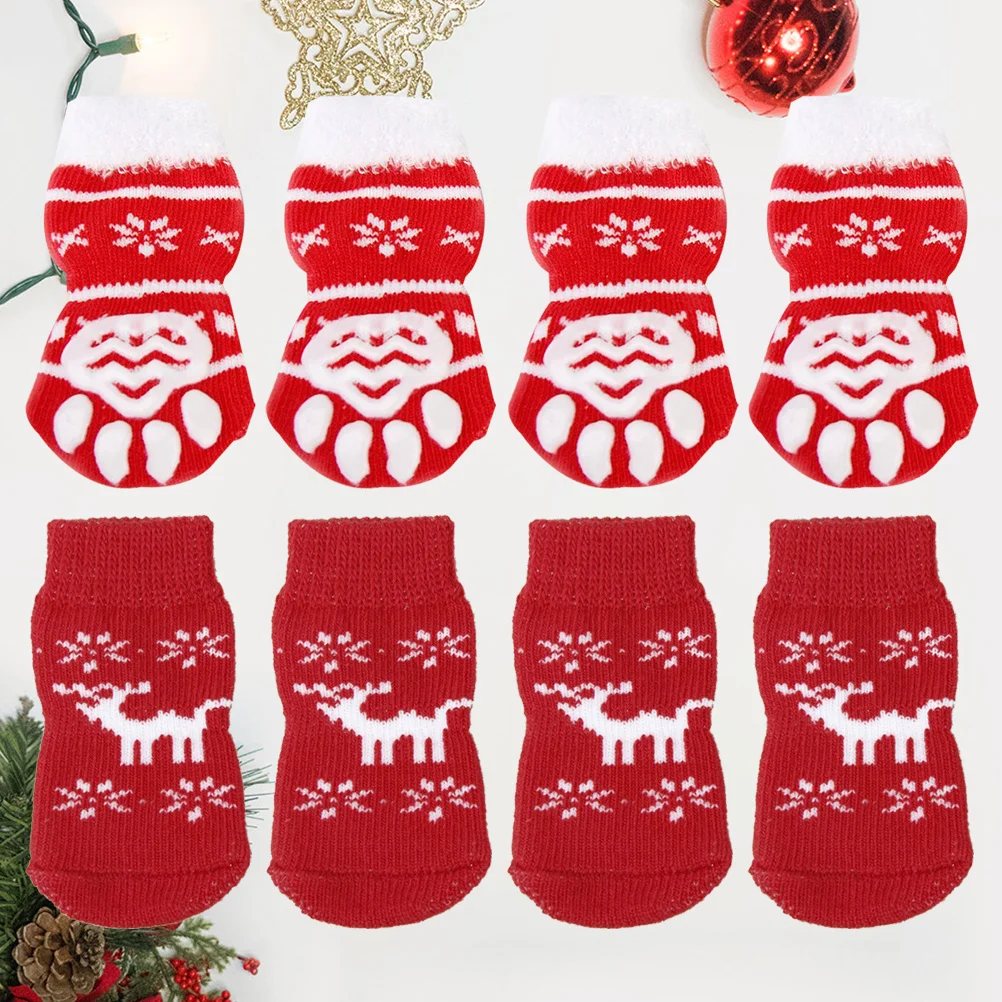 

8pcs Pet Cotton Socks Christmas Themed Dog Cat Non-Slip Warm Socks For Cold Snow Ice Salt Protection Anti Scratch