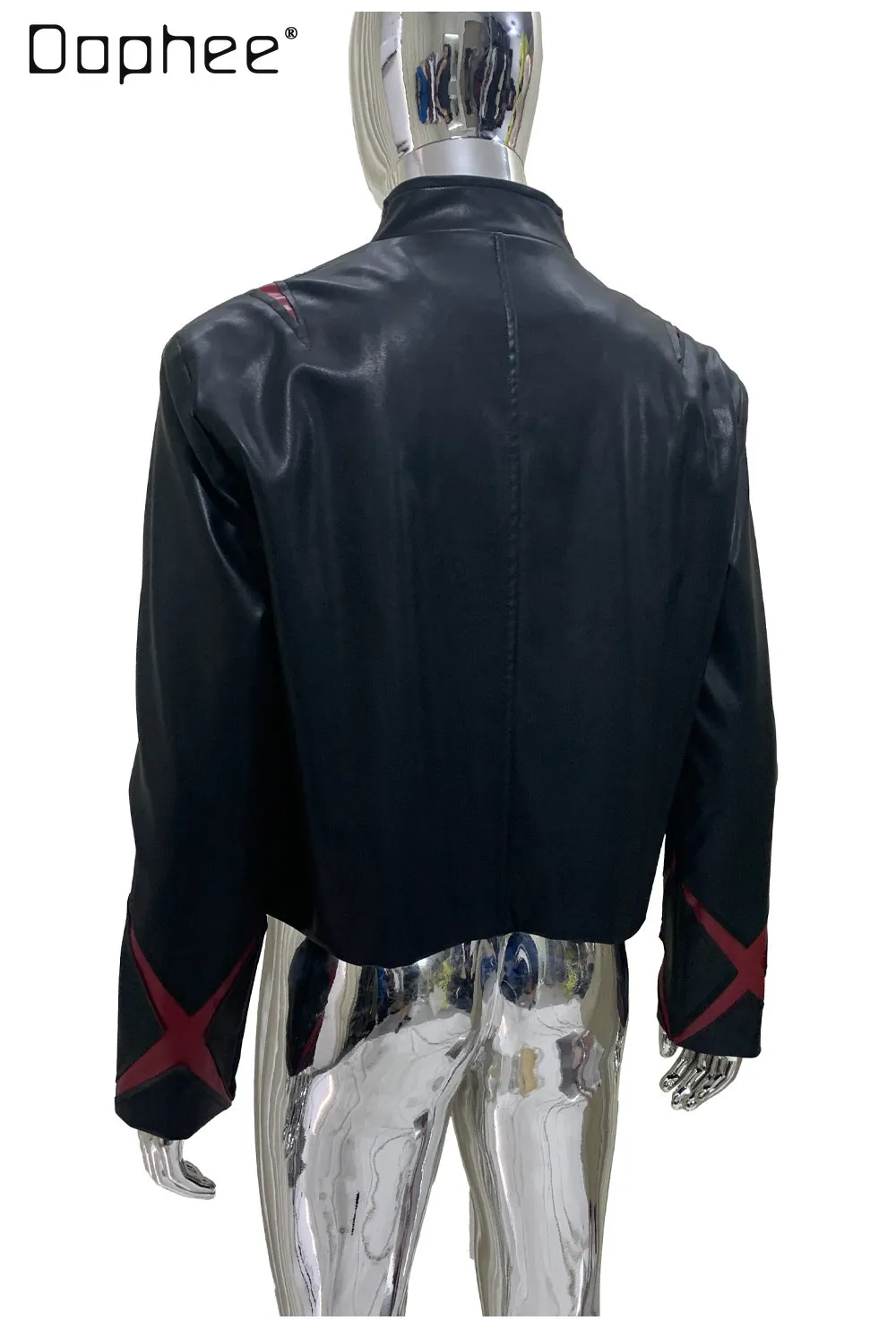 

2026 Spring Autum American Retro Dark Street Style Men's Red and Black Patchwork Short Stand Collar Pu Leather Jacket