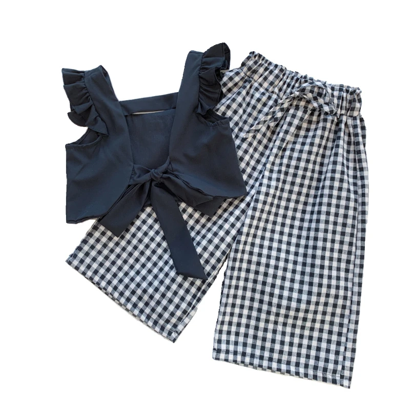 Girls Clothing Set Summer Fashion Backless Vest Top T-Shirt & Plaid Pants 2Pcs Children Outfit Suit Kids Girls Clothes Sets 3-7Y
