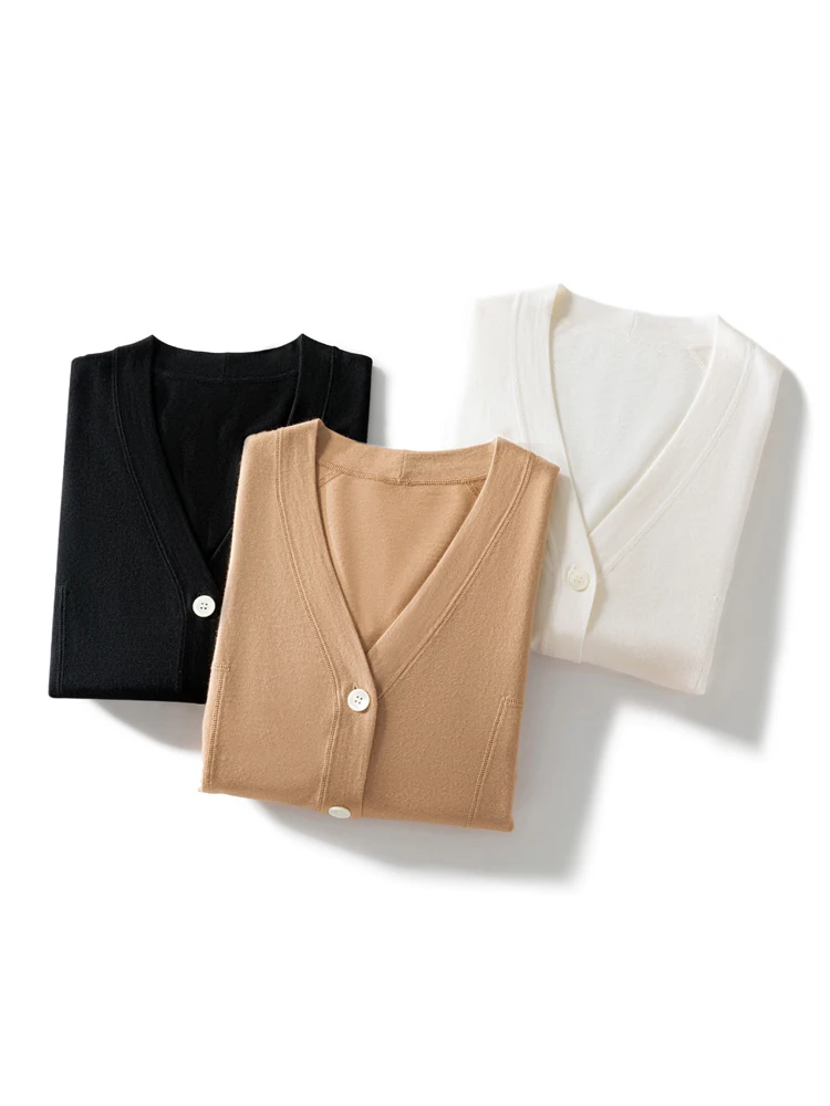 

Choice 2025 New Chic Women Basic V-neck Cardigan Sweater Soft Grace 100% Merino Wool Knitwear Female Spring Autumn Clothing Tops