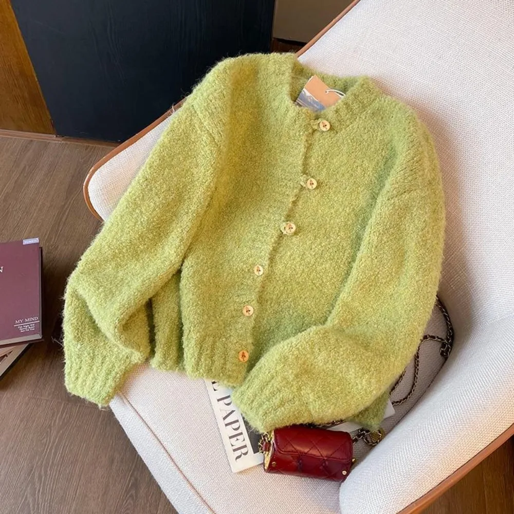 

Fluffy Soft Warm Gentle Casual Cardigan 2025 Early Spring New Vintage Lazy Simple Jumper Long Sleeve Knit All-match Mujer