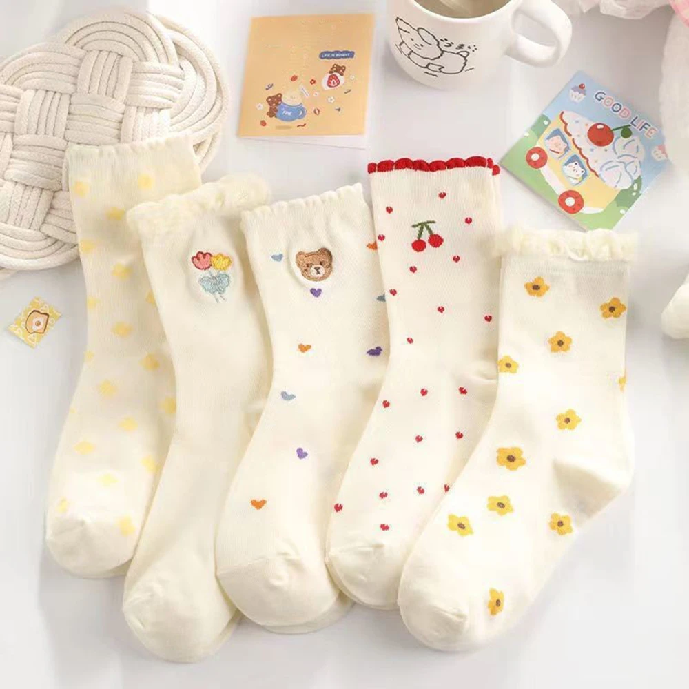 5 Pairs Women Cartoon Mid Length Socks Fashionable Versatile Cute Pleated Edges Floral Patterns Soft Comfortable Casual Socks