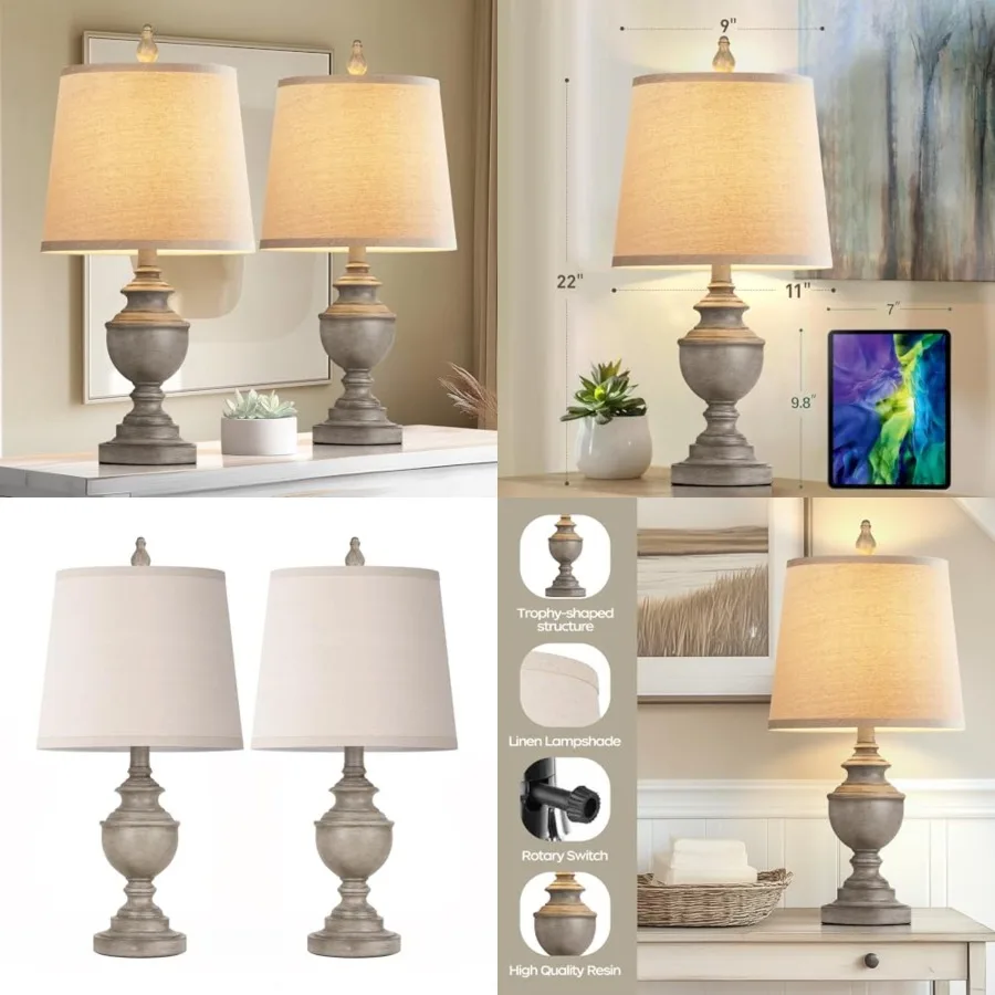

Retro Table Lamps Set of 2, Bedside Lamp for Bedroom Rustic Farmhouse Table Lamps for Living Room, 22" Vintage Nightstand Lamps