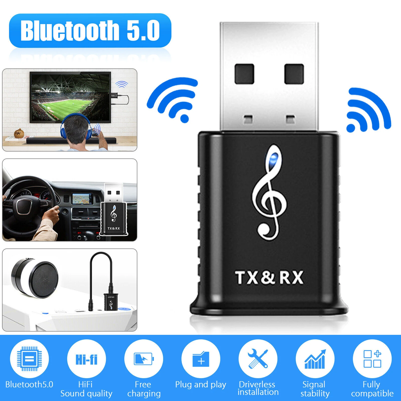 

Bluetooth-совместимый передатчик 5.0, приемник 4-в-1, многофункциональный USB-беспроводной автомобильный аудиоадаптер, ключ