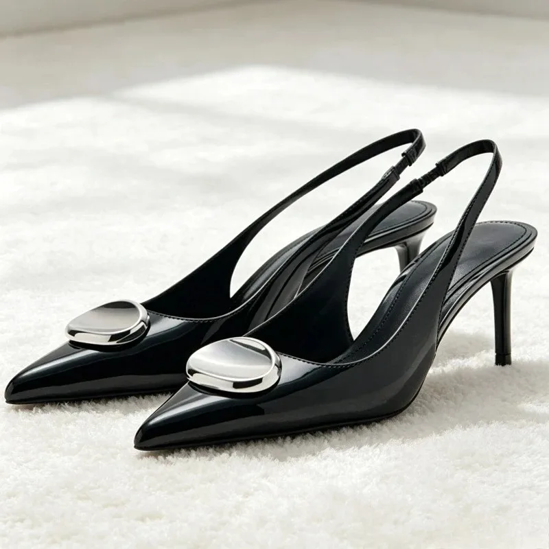 

Luxury Metal Decoration High Heels Women Fashion Pointy Toe Back Strap Designer Shoes Elegant Party Dress Shoes Zapatos De Mujer