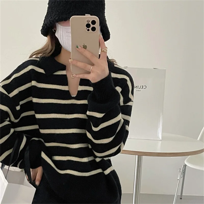 Women Sweater 2023 Autumn Winter Knitted Pullovers V-neck Bottoming Shirts Stripes Jumpers Long Sleeve Female Basic Tops