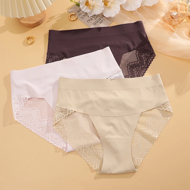 FINETOO Ice Silk Underwear Transparent Panty Mid Waist Lace Panties Sexy Knicker Breathable Briefs Plus Size Girl Triangle Pants