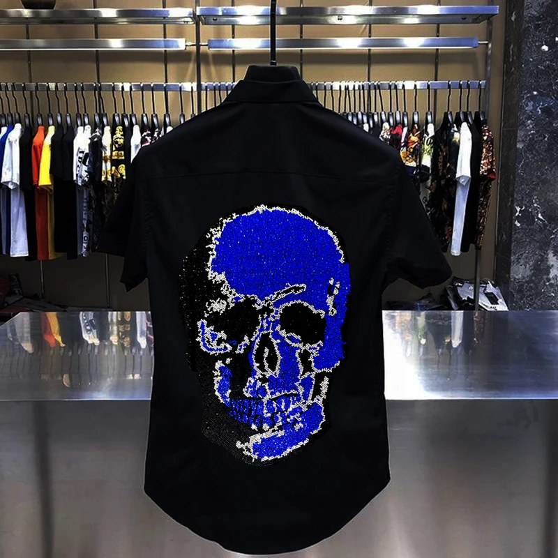 Youth men's summer short-sleeved shirt cartoon skull printed diamond rhinestone short-sleeved shirt