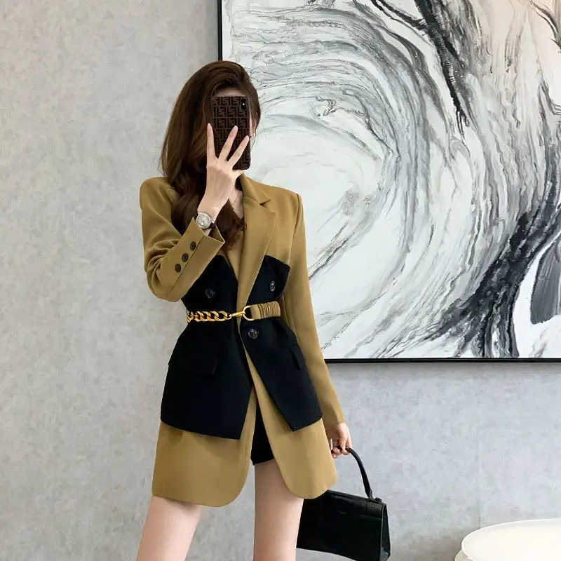 New Design Blazer Women Fashion New Loose Korean Spliced Single Breasted Blazer Mujer Femal with Belt