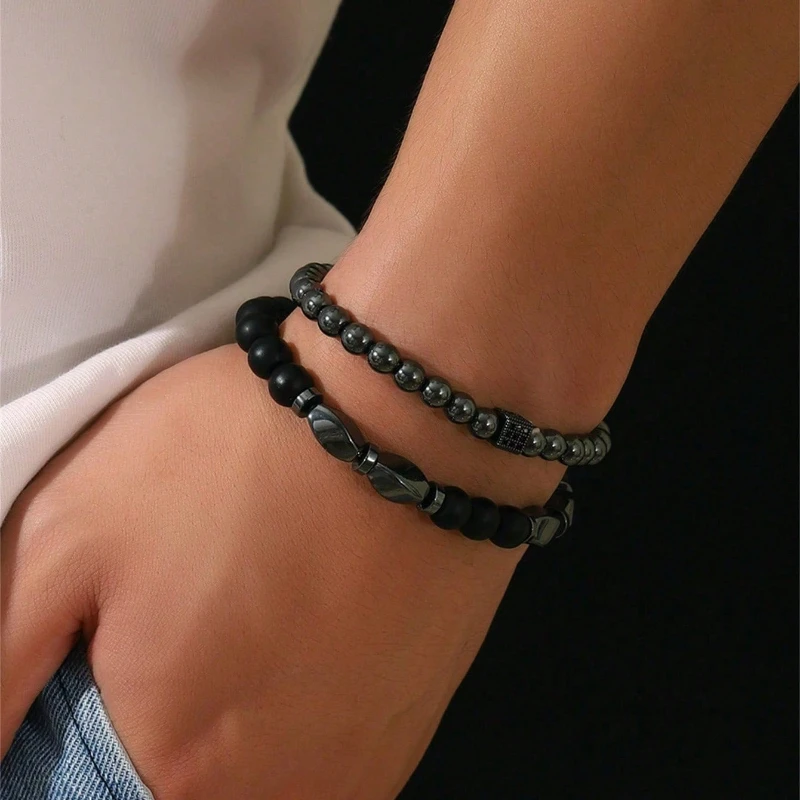 2Pcs/Pack Men's Black Bracelet Set Trendy Hip Hop Style Micro Set Zircon Dice Black Gallstones Elastic Bracelet