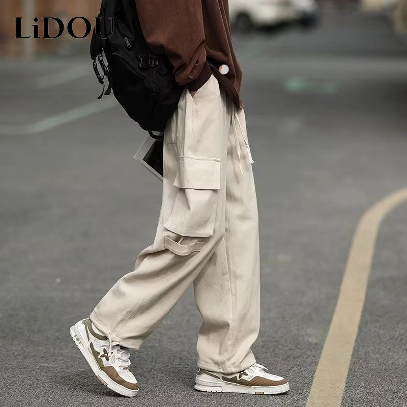 

New Spring Autumn Solid Color Fashion Straight Pants Man Elastic Waist Pockets Y2K Cargo Trousers Casual Loose Men's Clothing