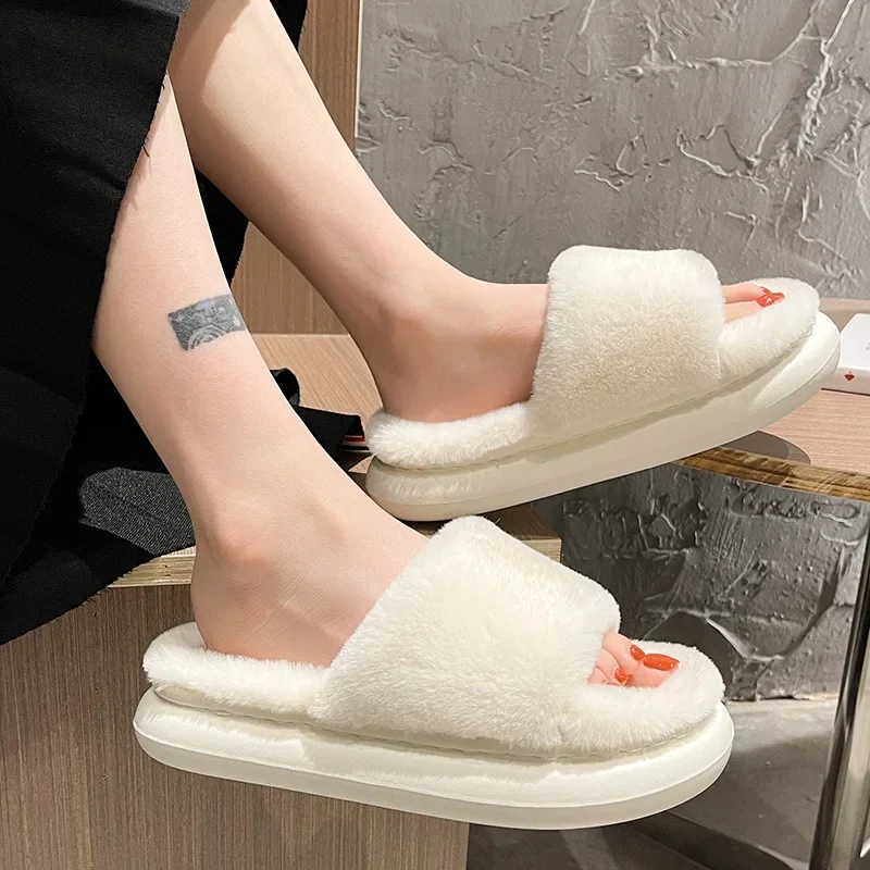 2022 Winter Women\'s Slippers Thick-bottomed Fur Furry Slides for Home Soft Platform Indoor House Warm lady Cotton Shoes