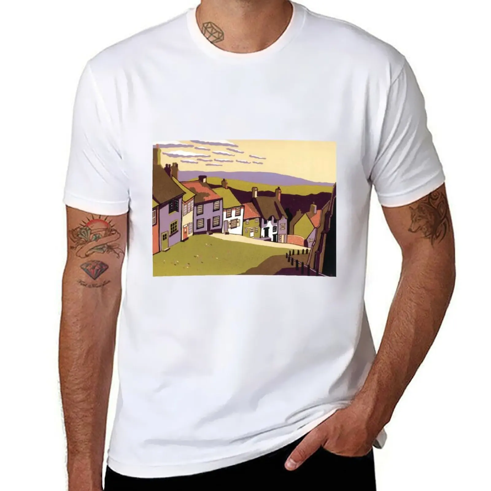 

Gold Hill - linocut by Francesca Whetnall T-Shirt Large Size Soft Cotton T-Shirt