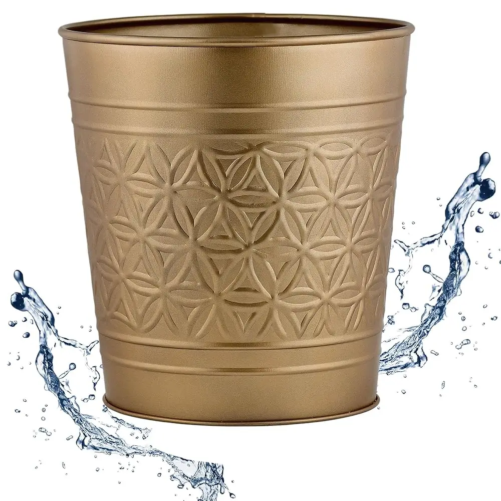 

Antique Gold Trash Can, Hand Crafted Bin, Round Bathroom Trash Can, Open-Top Gold Garbage Can for Bedroom, Home, Office -