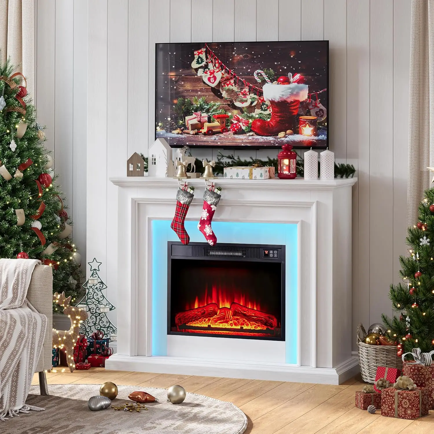 44 Inches LED Lights Electric Fireplace with Mantel, White Tall Fire Place Heater Freestanding, Delicate Three-Dimensional