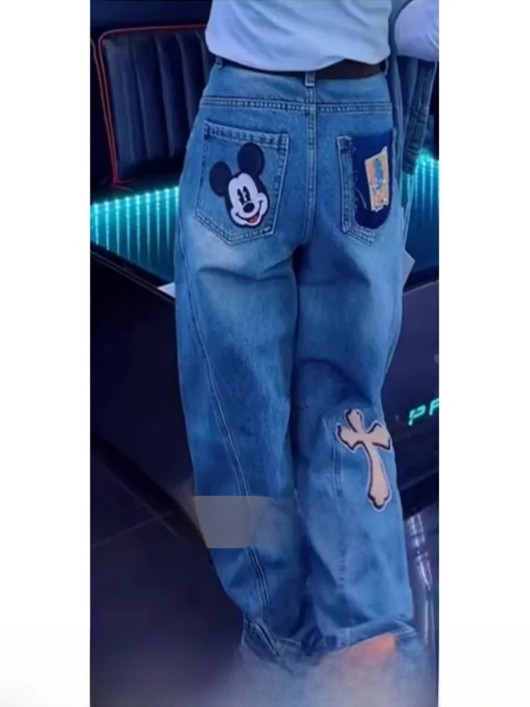 

Slimming Knife Straight Leg Jeans Embroidered Mickey Cartoon Low Waist Wide Leg Pants Casual Denim Trousers for Women