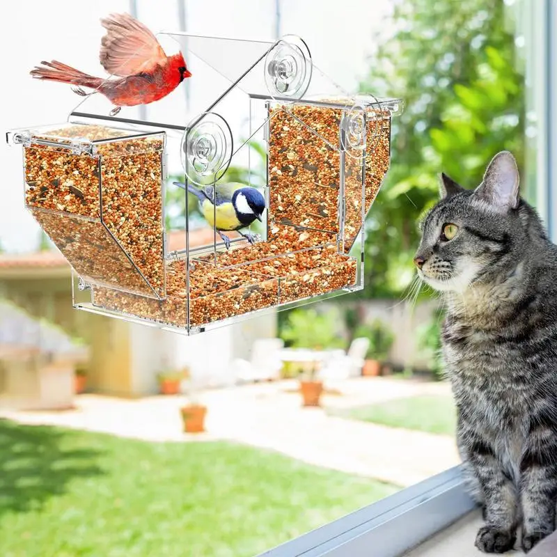 

Window Bird Feeder Clear Acrylic Window Bird Feeding Station Double-Compartment Structure Pet Food Organizer For Parrot Sparrow