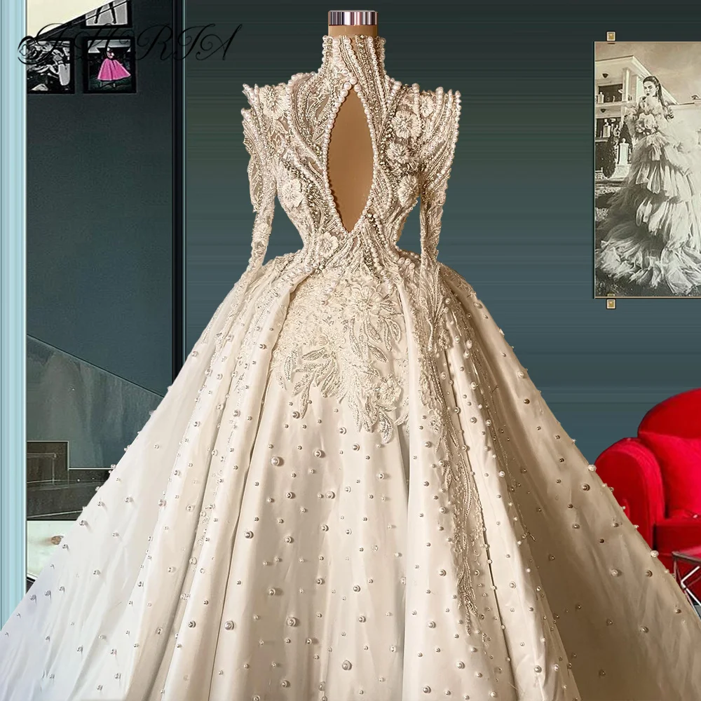 Gorgeous Dubai Couture Pearls Wedding Dress Long Sleeves Beaded 3D Flower Appliques Satin Bridal Gown Woman Vestidos De Novia