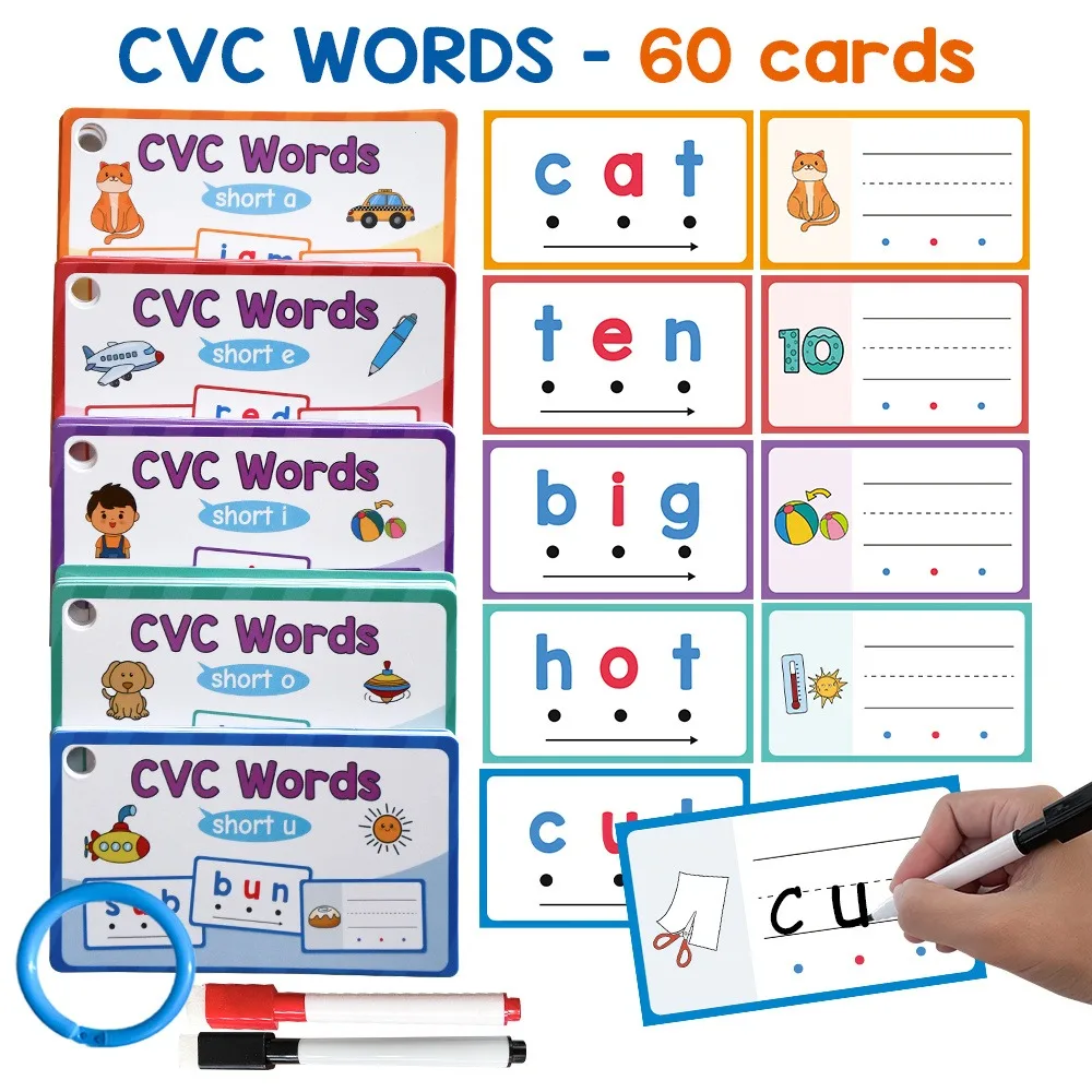 Dry Erase Handwriting Flash Cards 60pcs Phonics CVC Words Phonics Game Beginning Phonics Word Builders Spelling Reading Words