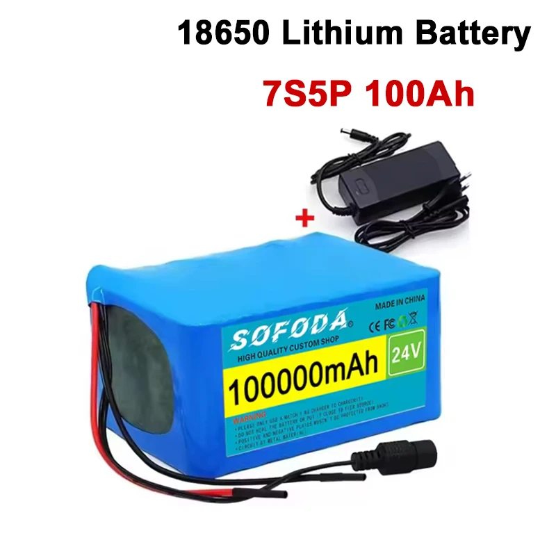 NEW 7S5P 18650 Lithium Battery Pack 24V 100Ah 15A BMS 500W 29.4V 100000mAh for Wheelchair Electric Vehicle Plus 2A Charger