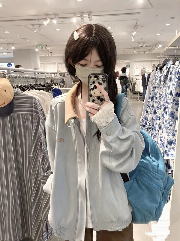 レトロアメリカンスエードジャケット女性のショートスタイル野球コートコントラストカラーカラールーズフィット秋冬新着