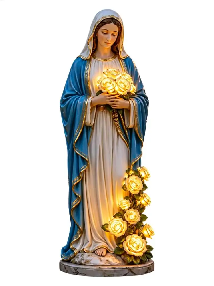 Mary Lady Garden Light Solar Resin Waterproof Decorative Lights Mary Statue Flowers Goddess Statue with LED Luminous Rose