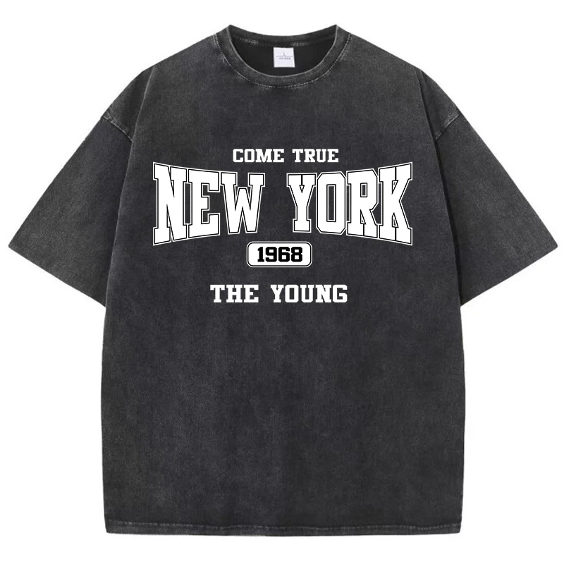 

New York Cotton Washed T Shirts Womens Come True The Young Prints T-Shirt Distressed Oversize O-Neck Tops Trend Womans Clothes