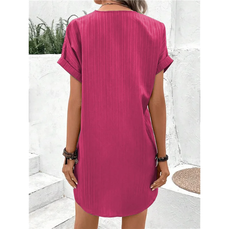 【SEE】Summer Dresses For Women 2025 Casual Button V Neck Short Sleeve Tunics A Line Ribbed Mini T Shirt Dress