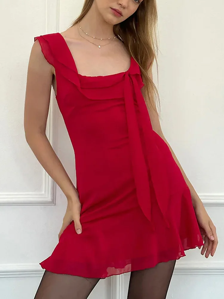 

Red Sweet Dress French Square Neck Streamer Sleeveless Chiffon Skirt with Sexy Backless Slim Spring/summer Dress