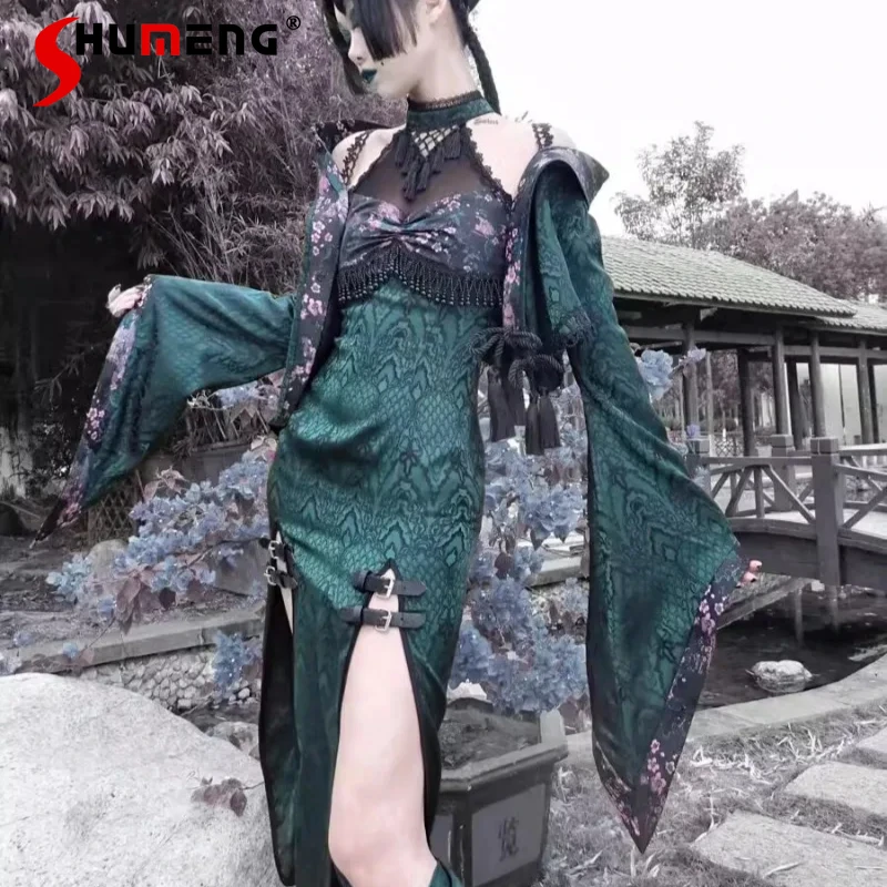 

Heavy Industry Sexy Jacquard Cheongsam Halloween Mesh Improved Slit Dress Autumn New Women's Clothes Slim Fit Halter Vestidos