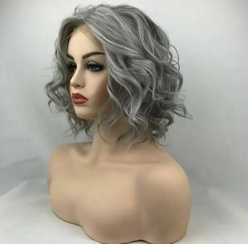 Women Shoulder Length T Part Lace Front Wigs Synthetic Curly Wig Wavy Gray Short