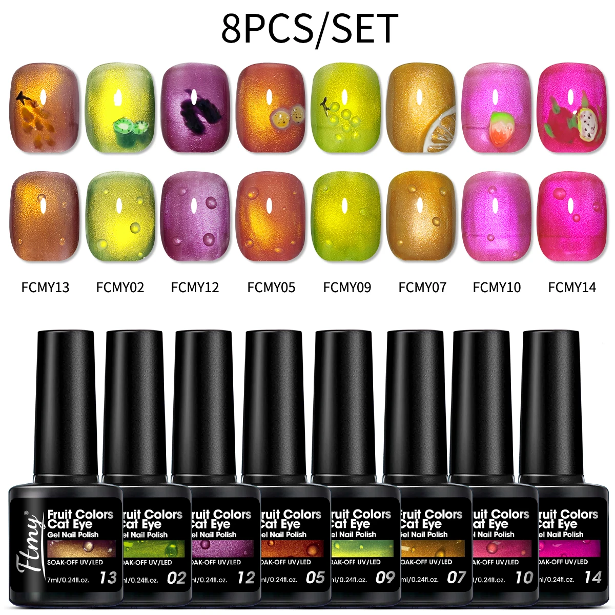 

8pcs Fruit Basket Cat Magnetic Gel Nail Polish Set, Jelly Effect, Reflective Magnetic Gel, Guava, Purple, Rose Pink Spring Trend