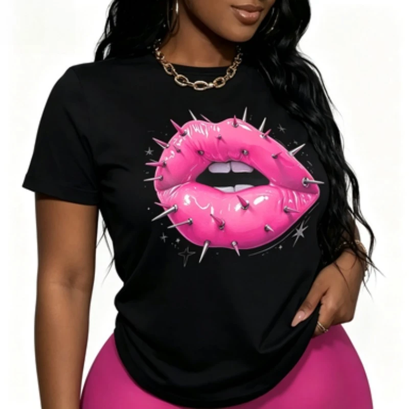 Women Cotton O‑Neck T‑Shirt Punk Spike Lips Graphic Tee Edgy Aesthetic Print Casual Short Sleeve Goth Ladies Daily Top