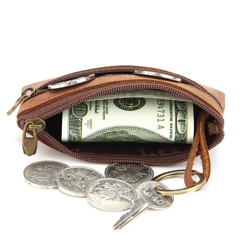 Vintage Genuine Leather Men\'s Coin Purse Zipper Wallet Retro Pocket Key Holder Small Money Bag Slim Purse For Male