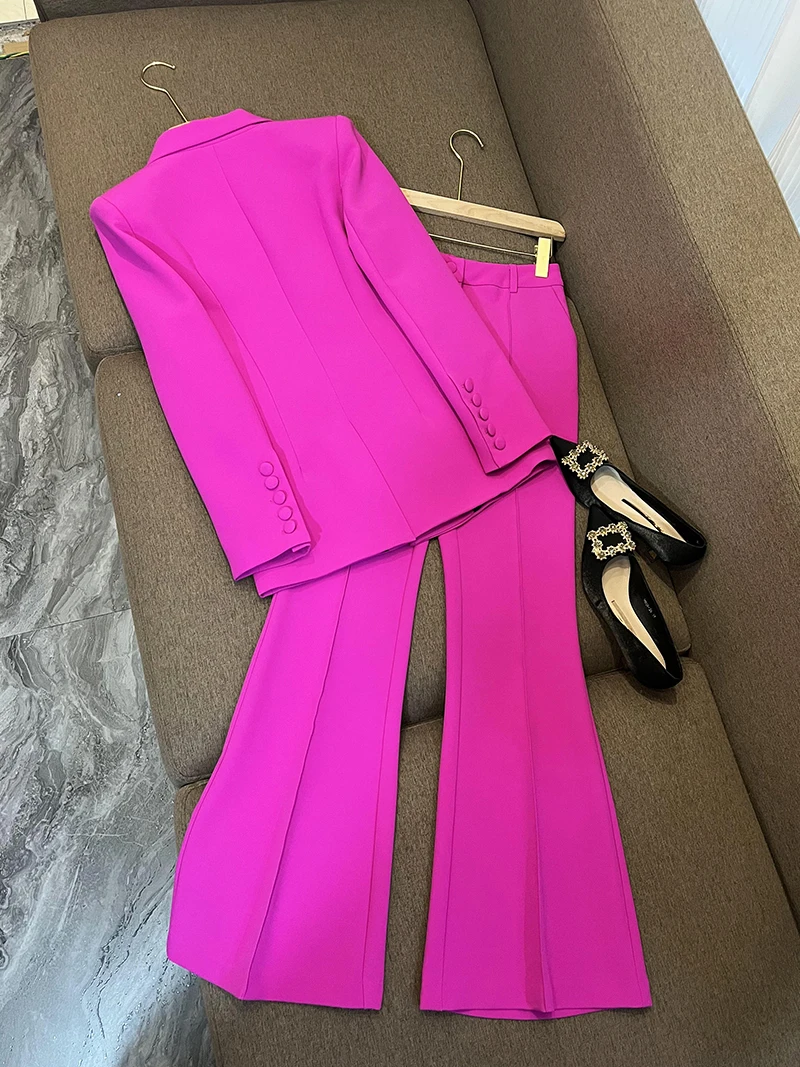 Outfits Blazer Pantsuits Women Two Piece Set Office Ladies Women Purple Business Single Buttons Flared Pants Formal Suit 2024