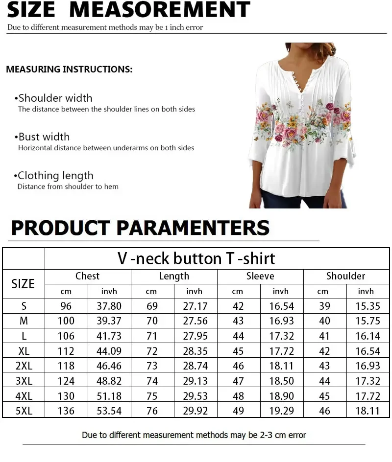 Streetwear Women's V-neck shirts Casual 3/4 sleeves comfortable tops Statement floral prints Everyday tunics Women Spring Summer