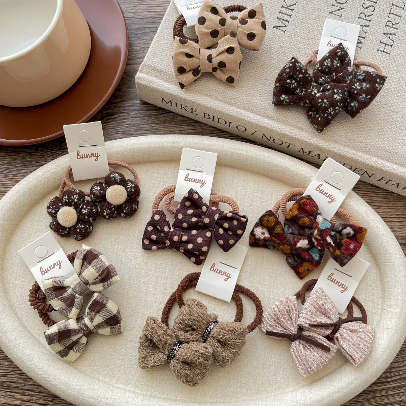 Hair Scrunchie Fabric Brown Bow Kids Girls Korean Minimalist Versatile Fall Winter Daily Lightweight Soft Hair Accessory