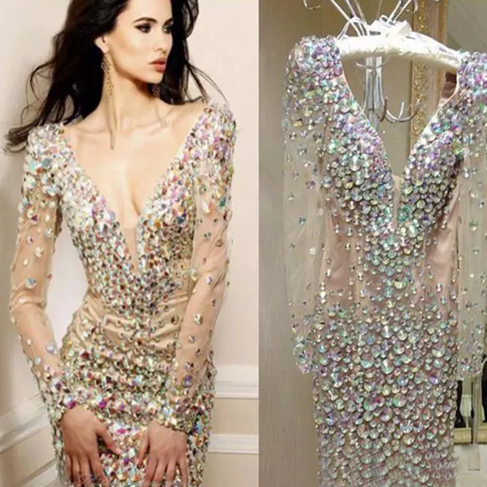 Sexy Short Beading Crystal Cocktail DressFull Sleeves Prom Dres Women Formal Party Homecoming Gowns Customize robes de soirée